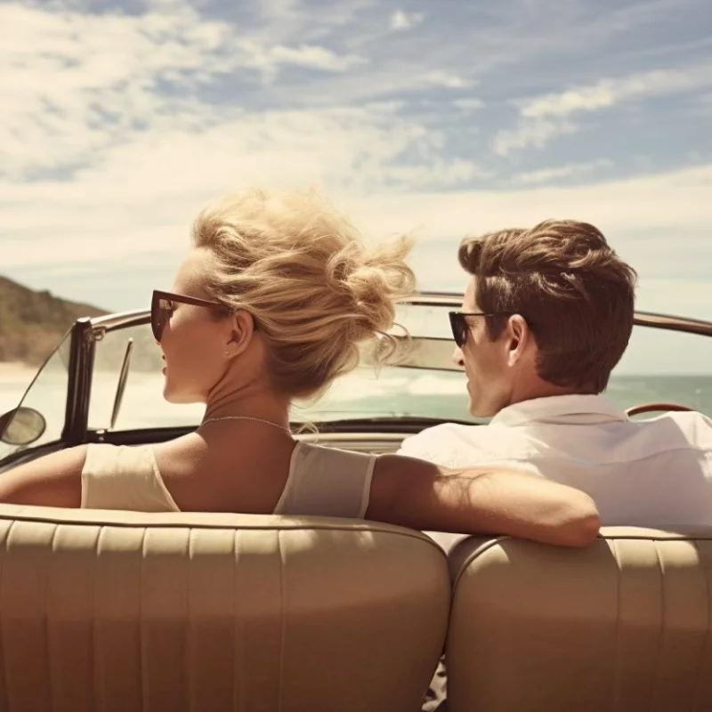 A couple enjoys a scenic drive in a vintage convertible during their La Jolla itinerary.
