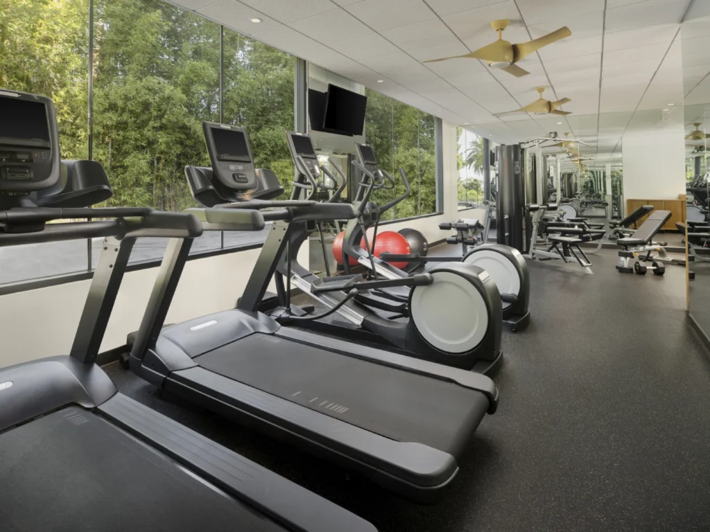 Modern treadmills and ellipticals face large windows in the Hotel La Jolla fitness center.