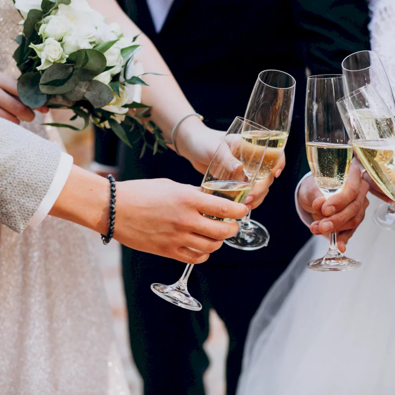 Guests raise champagne flutes to celebrate at a La Jolla wedding venue.